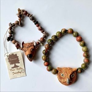 2 leopard skin jasper stone bracelets owl & bison